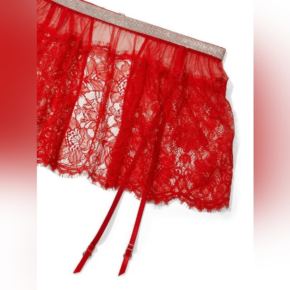 VS Lipstick Red Silver Rhinestone Shine Sheer Lace Skirt With Garters M/L NEW - Picture 3 of 10